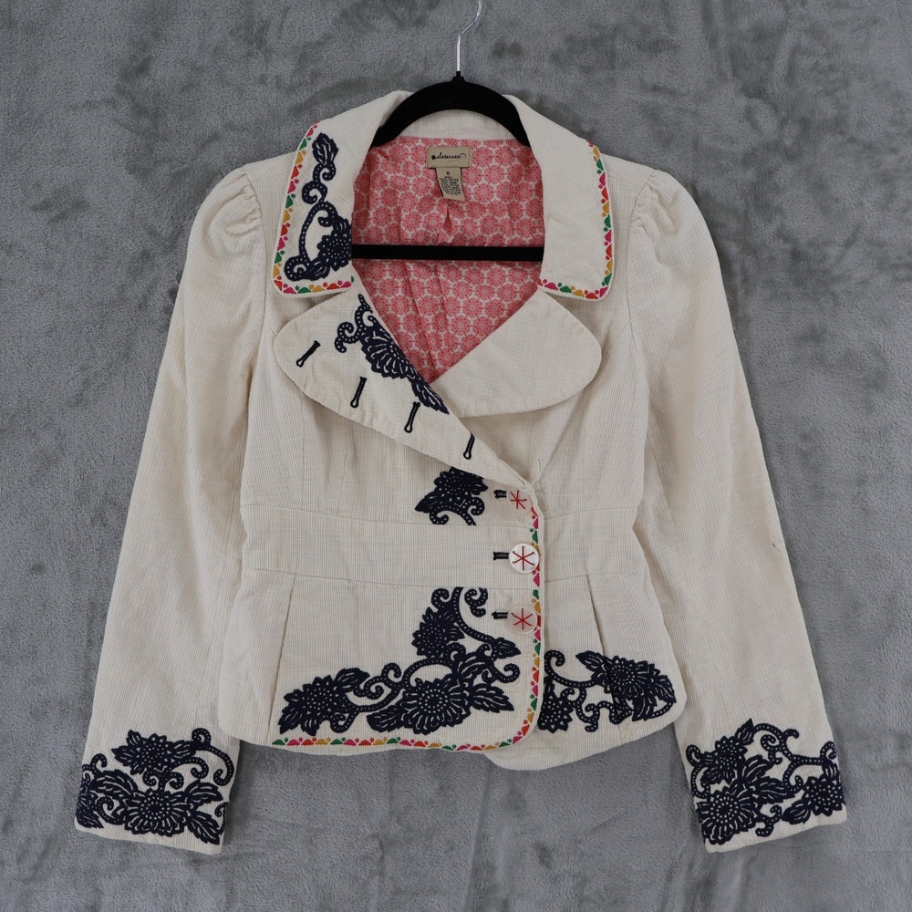 Elevenses Embroidered Corduroy Jacket Womens 6 White Floral Boho Peplum Boho